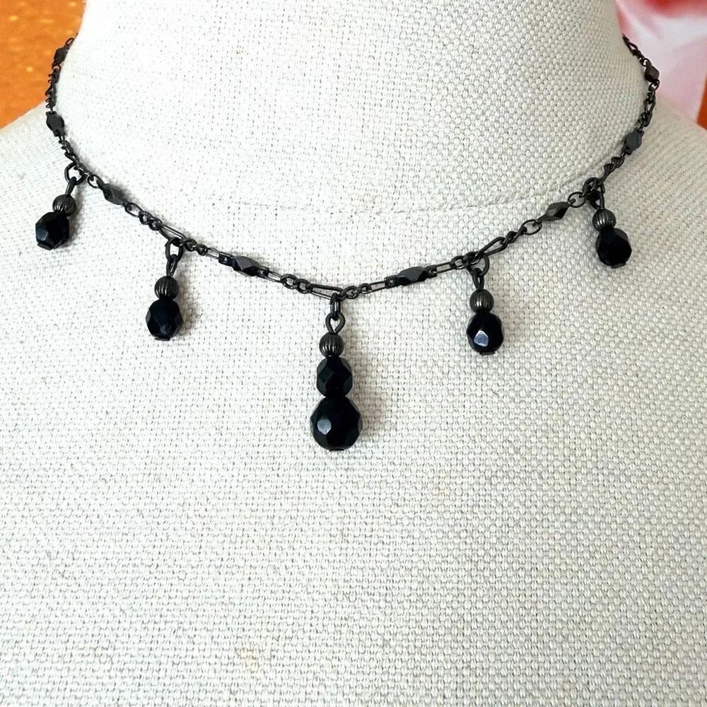 1928 Jewelry Black Faceted  Beaded Dangle Necklace